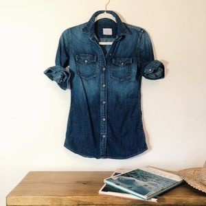 AG | Theory Fitted Denim Long Sleeve Shirt